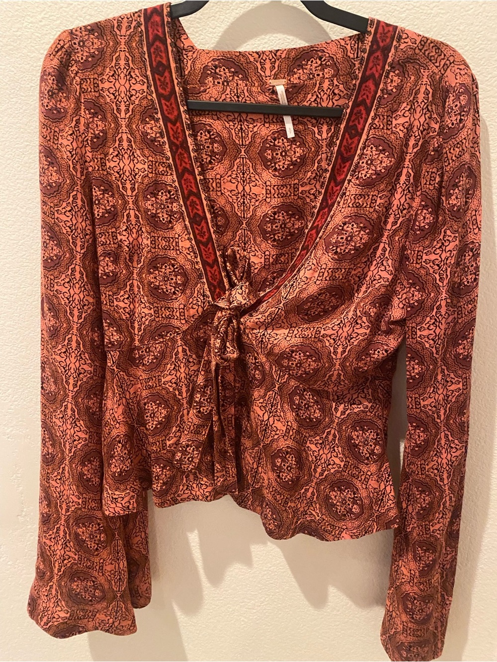 Free People Rust Red Patterned Long-Sleeve Tie-Front Top